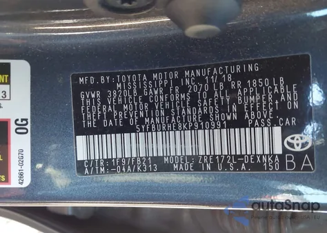 2019 Toyota Corolla Le z USA, uszkodzony, nr VIN 5YFBURHE8KP910991